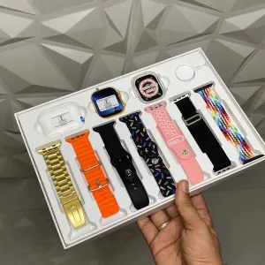 10 in 1 Set Ultra 2 Smart Bluetooth Calling Smart watch   Earphones with Transparent Screen Guard Watch with Seven Classic Straps (Mix Color)