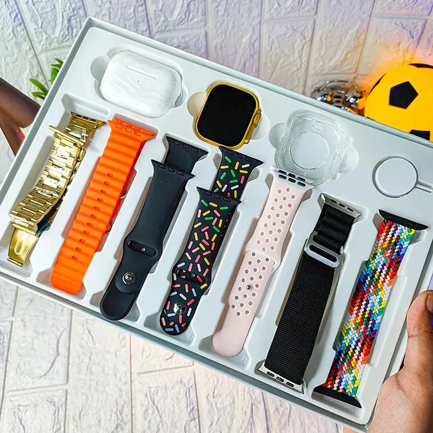 10 in 1 Set Ultra 2 Smart Bluetooth Calling Smart watch   Earphones with Transparent Screen Guard Watch with Seven Classic Straps (Mix Color)