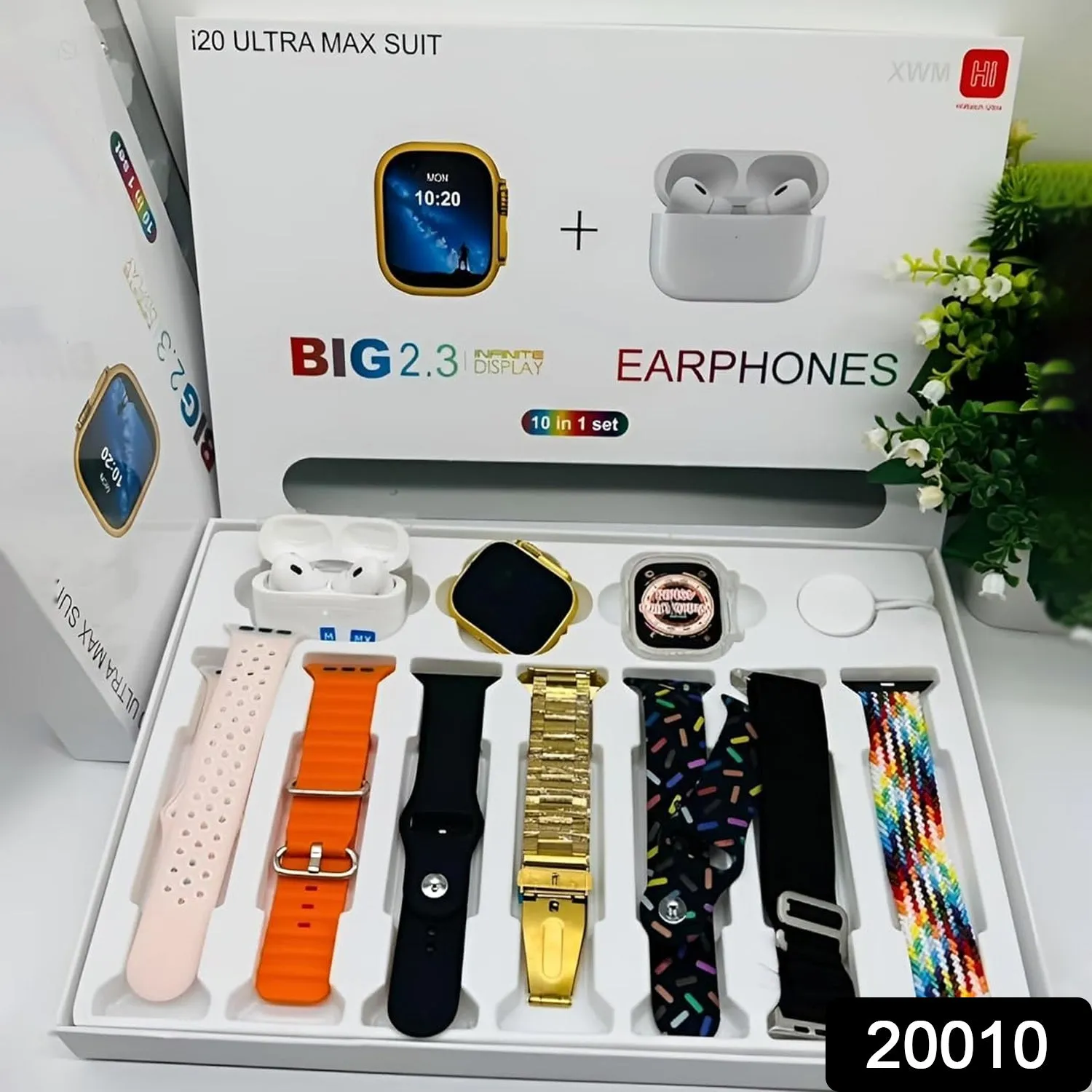 10 in 1 Set Ultra 2 Smart Bluetooth Calling Smart watch   Earphones with Transparent Screen Guard Watch with Seven Classic Straps (Mix Color)