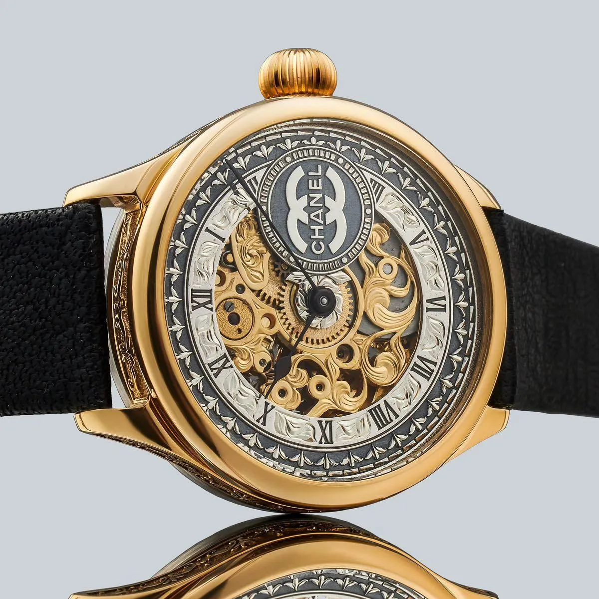 45mm Silver Dial Nubuk Leather Band Wristwatch With Antique/vintage Chanel Pocket Watch Arranged