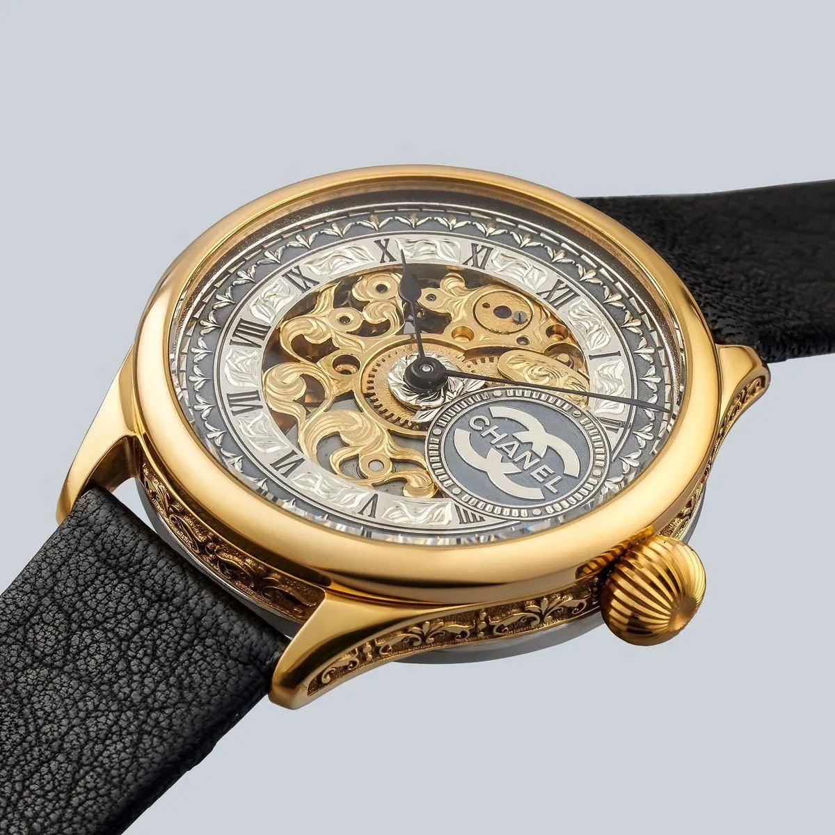 45mm Silver Dial Nubuk Leather Band Wristwatch With Antique/vintage Chanel Pocket Watch Arranged