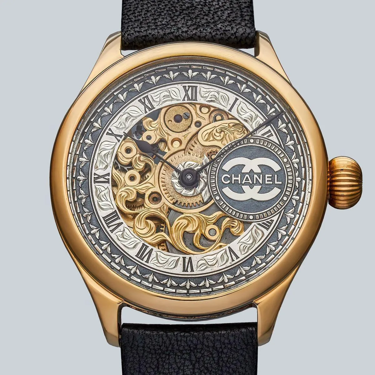 45mm Silver Dial Nubuk Leather Band Wristwatch With Antique/vintage Chanel Pocket Watch Arranged