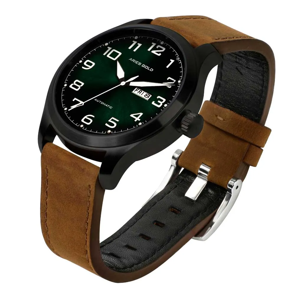 ARIES GOLD AUTOMATIC ESCALATE BLACK STAINLESS STEEL G 9017 BK-GN NUDE LEATHER STRAP MEN'S WATCH