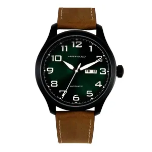 ARIES GOLD AUTOMATIC ESCALATE BLACK STAINLESS STEEL G 9017 BK-GN NUDE LEATHER STRAP MEN'S WATCH