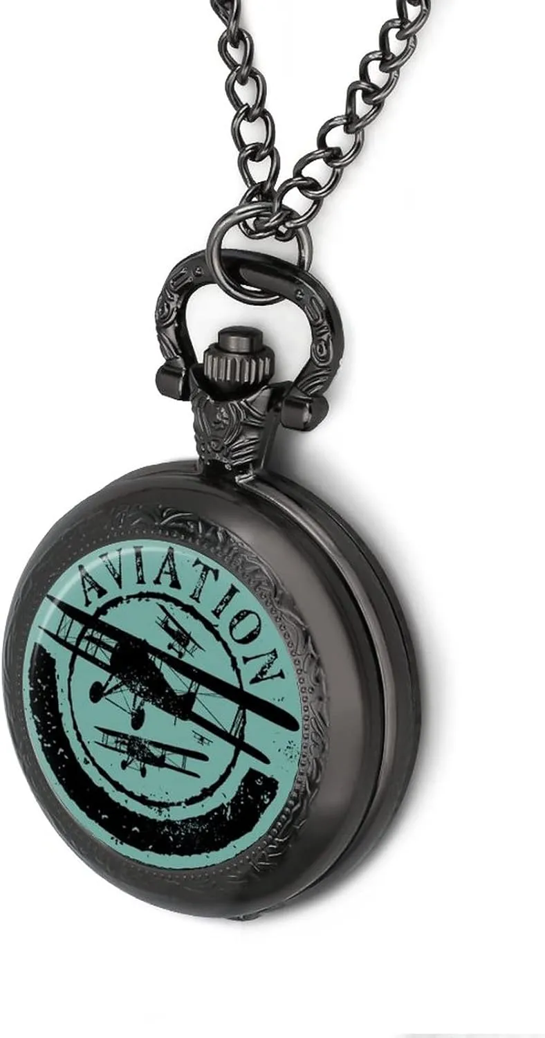 Aviation and Airplane Stamp Silhouettes Pocket Watch Vintage Pendant Watches Necklace with Chain Gifts for Birthday