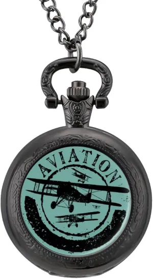 Aviation and Airplane Stamp Silhouettes Pocket Watch Vintage Pendant Watches Necklace with Chain Gifts for Birthday