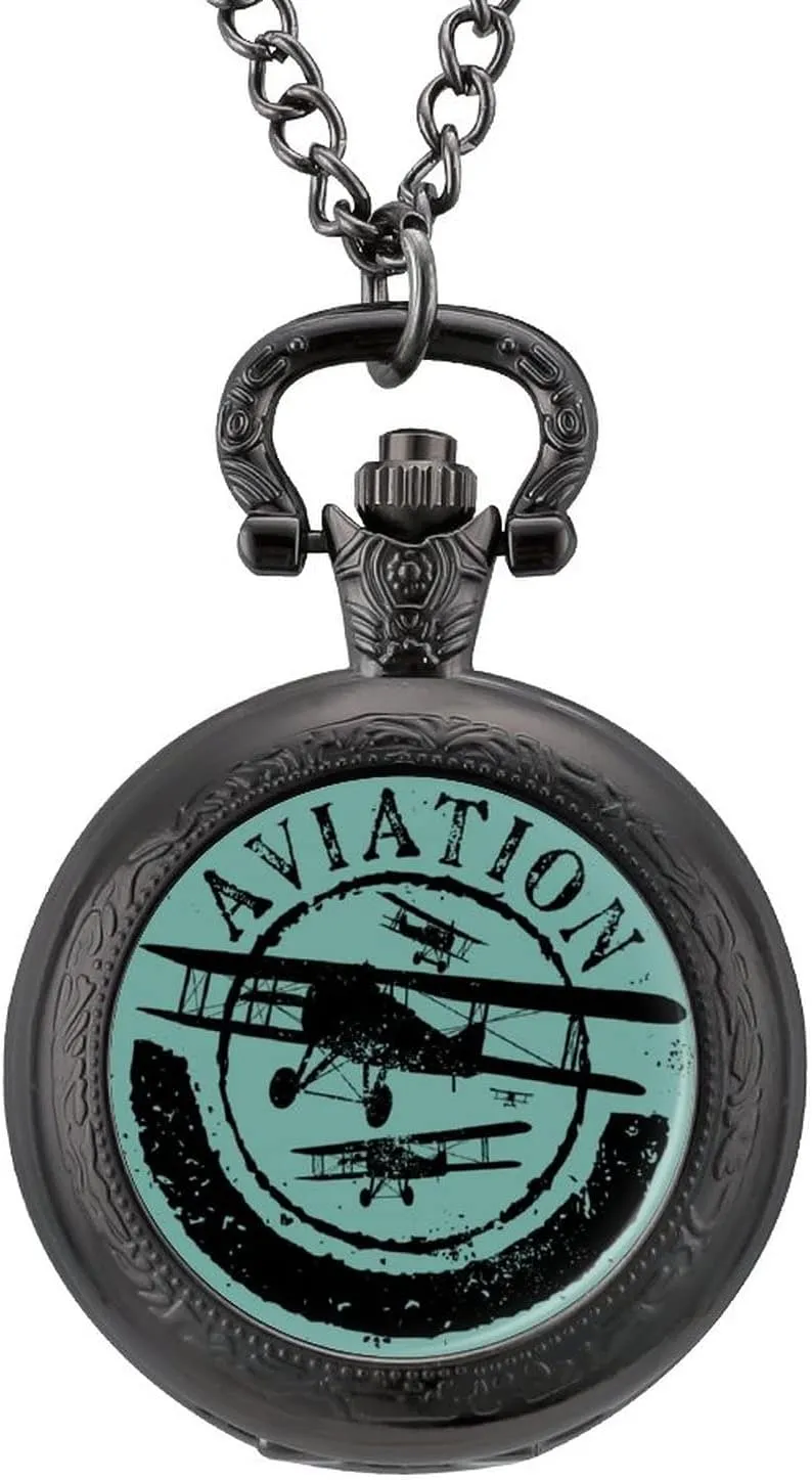 Aviation and Airplane Stamp Silhouettes Pocket Watch Vintage Pendant Watches Necklace with Chain Gifts for Birthday