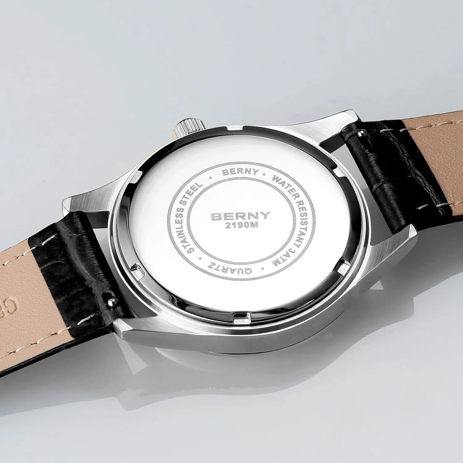 BERNY Mens Multi-Functional Quartz Watch with Calendar and Moon Phase Watch - Stainless Steel Case and Leather Band