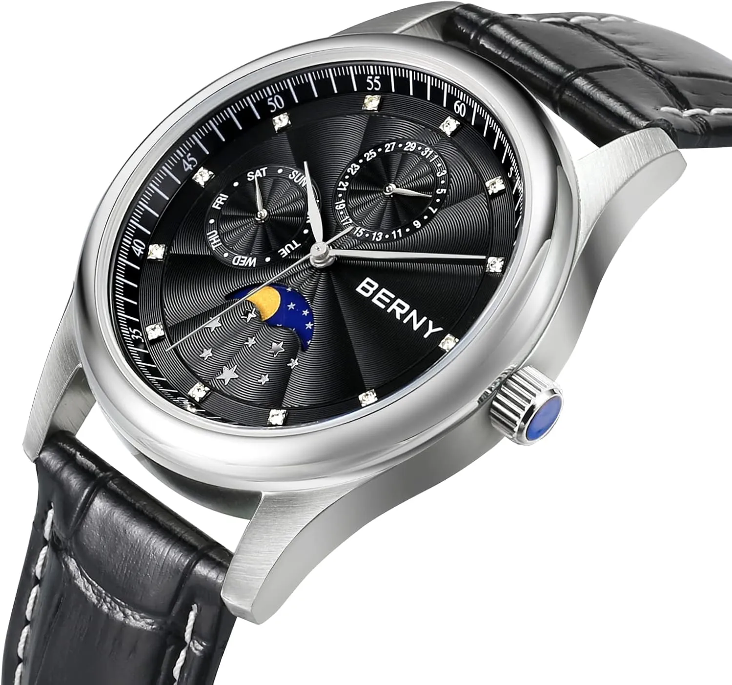 BERNY Mens Multi-Functional Quartz Watch with Calendar and Moon Phase Watch - Stainless Steel Case and Leather Band