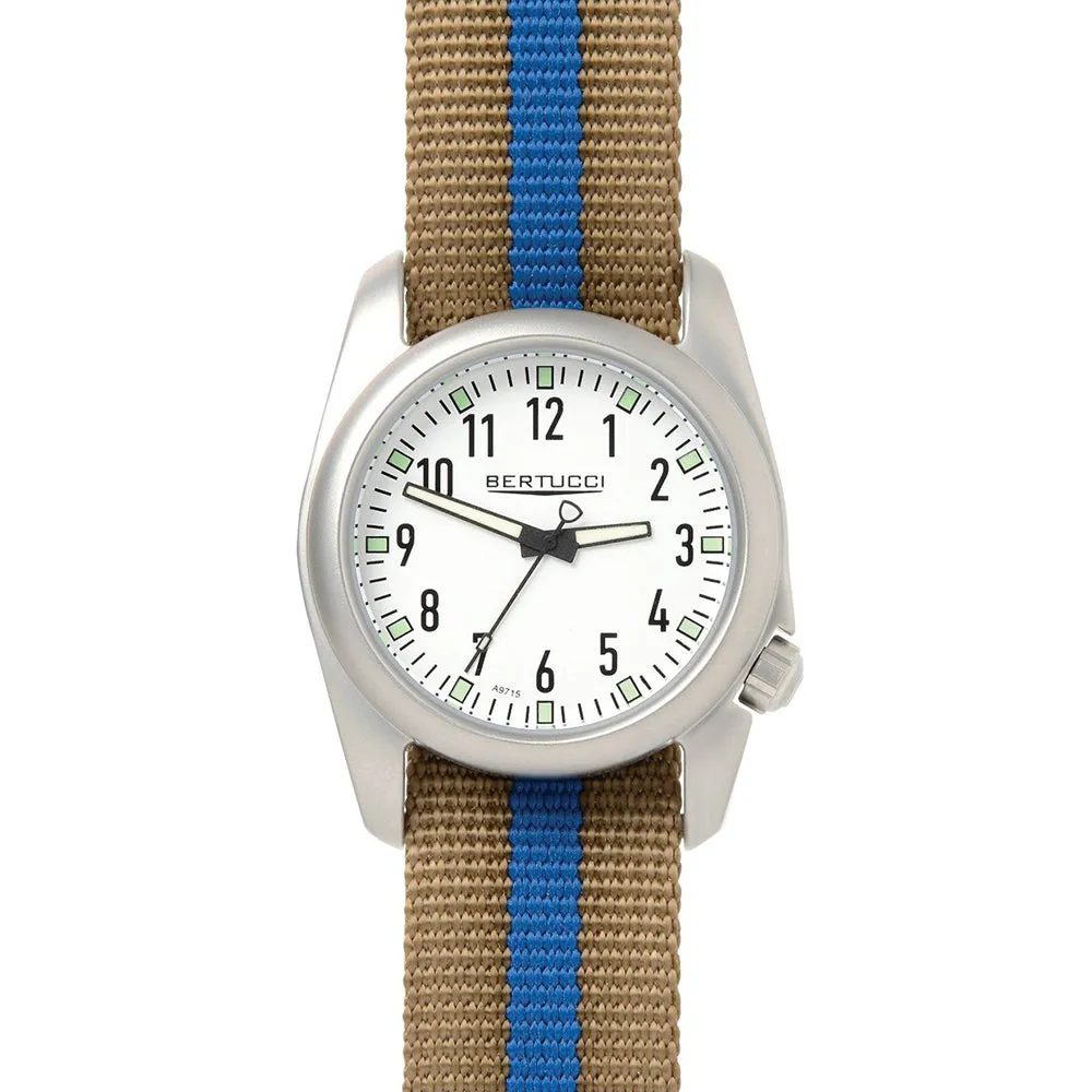 Bertucci Mens Ventara Stainless Steel Case and Khaki With Blue Nylon Strap White Dial Silver Watch - 11056