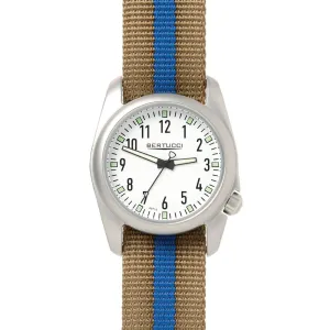 Bertucci Mens Ventara Stainless Steel Case and Khaki With Blue Nylon Strap White Dial Silver Watch - 11056