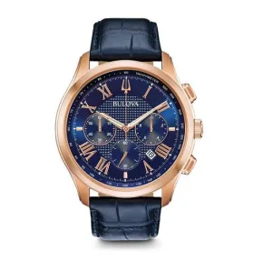 Bulova Watch with 46MM Blue Round Dial and Leather Strap. 97B170