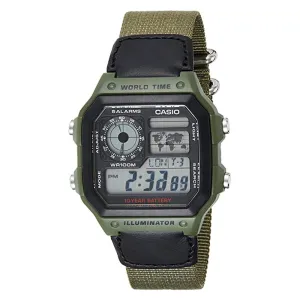 Casio Mens Grey Dial Green Nylon Band Digital Automatic Watch - AE-1200WHB-3BVDF