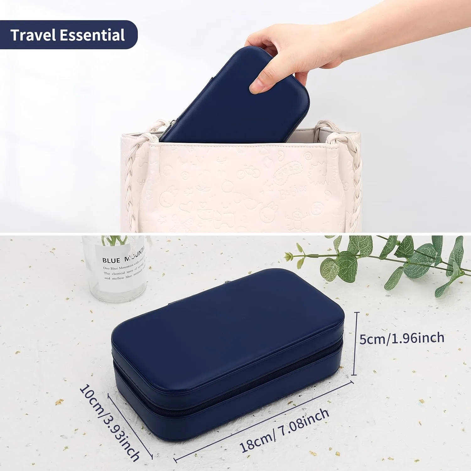 DesignSter Travel Jewelry Box, PU Leather Portable Jewelry Case, Small Jewelry Boxes for Gifts, Travel Jewelry Organizer for Women Rings Earrings Necklaces Bracelets (Dark Blue)