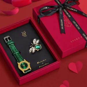 Emerald Green Faux Leather Watch & Bee Brooch Gift Set