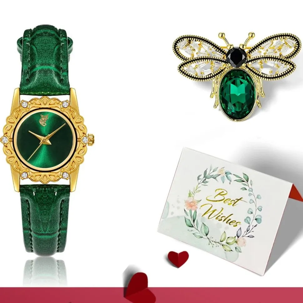 Emerald Green Faux Leather Watch & Bee Brooch Gift Set