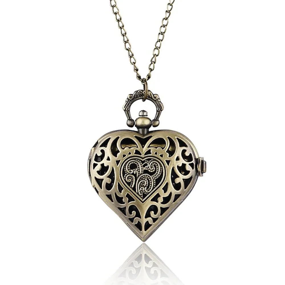 Fashion Silver Heart Shaped Lovely Hollow Elegant Quartz Pocket