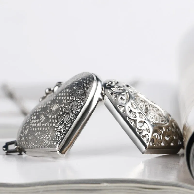Fashion Silver Heart Shaped Lovely Hollow Elegant Quartz Pocket