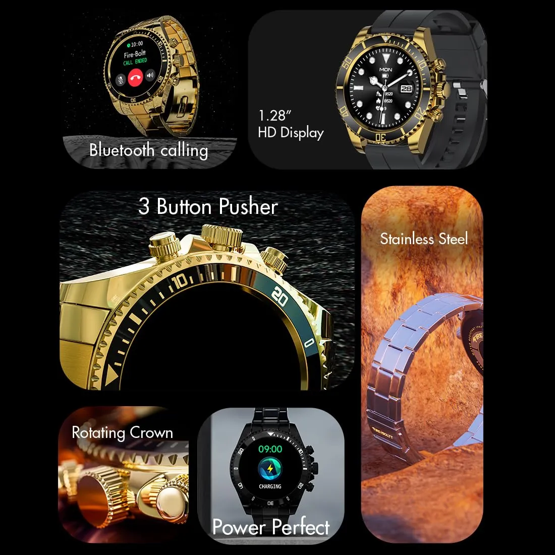 Fire-Boltt Avalanche Stainless Steel Smart Watch With Extra Silicone Strap, 2 Watch Looks - Sporty & Fomal, Bluetooth Calling with 1.28” HD Display, 2 Button Pushers (Gold Black)