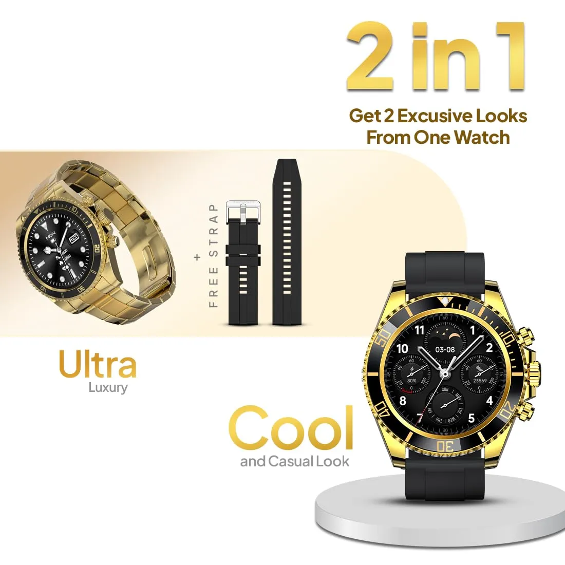 Fire-Boltt Avalanche Stainless Steel Smart Watch With Extra Silicone Strap, 2 Watch Looks - Sporty & Fomal, Bluetooth Calling with 1.28” HD Display, 2 Button Pushers (Gold Black)