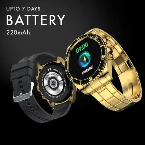 Fire-Boltt Avalanche Stainless Steel Smart Watch With Extra Silicone Strap, 2 Watch Looks - Sporty & Fomal, Bluetooth Calling with 1.28” HD Display, 2 Button Pushers (Gold Black)