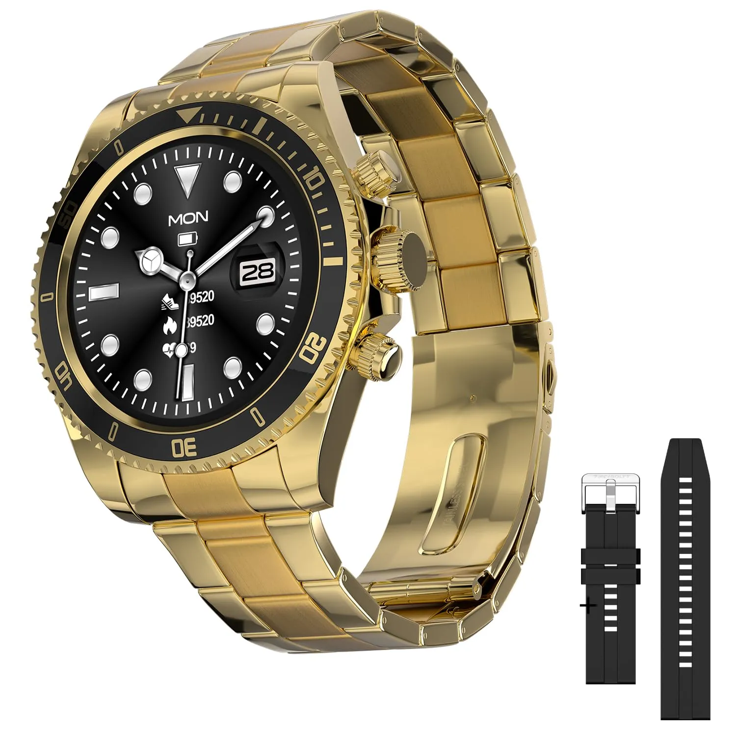 Fire-Boltt Avalanche Stainless Steel Smart Watch With Extra Silicone Strap, 2 Watch Looks - Sporty & Fomal, Bluetooth Calling with 1.28” HD Display, 2 Button Pushers (Gold Black)