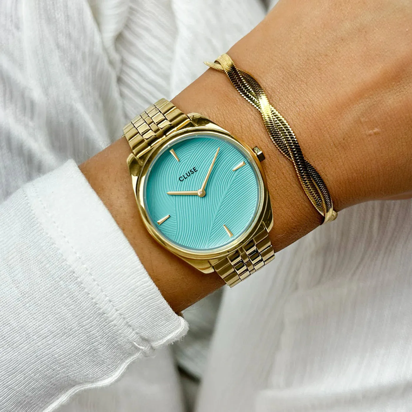 Féroce Petite Watch Steel, Leaf Texture Pool Blue, Gold