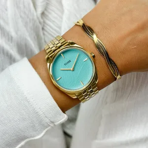 Féroce Petite Watch Steel, Leaf Texture Pool Blue, Gold