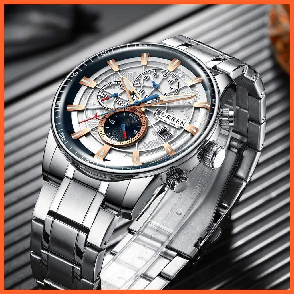 Mens Stainless Steel Top Brand Luxury Watches Casual Chronograph Quartz Wristwatch For Male