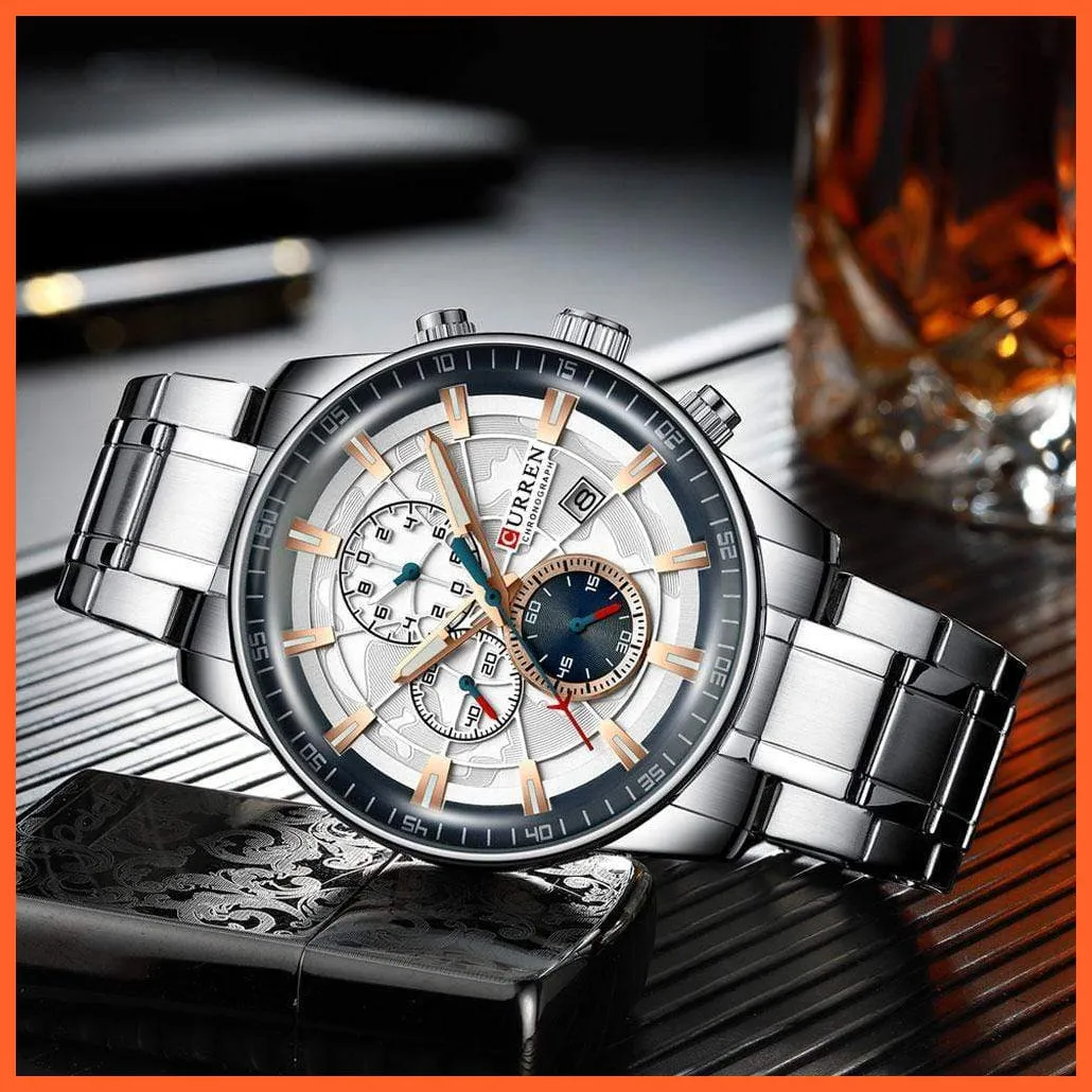 Mens Stainless Steel Top Brand Luxury Watches Casual Chronograph Quartz Wristwatch For Male