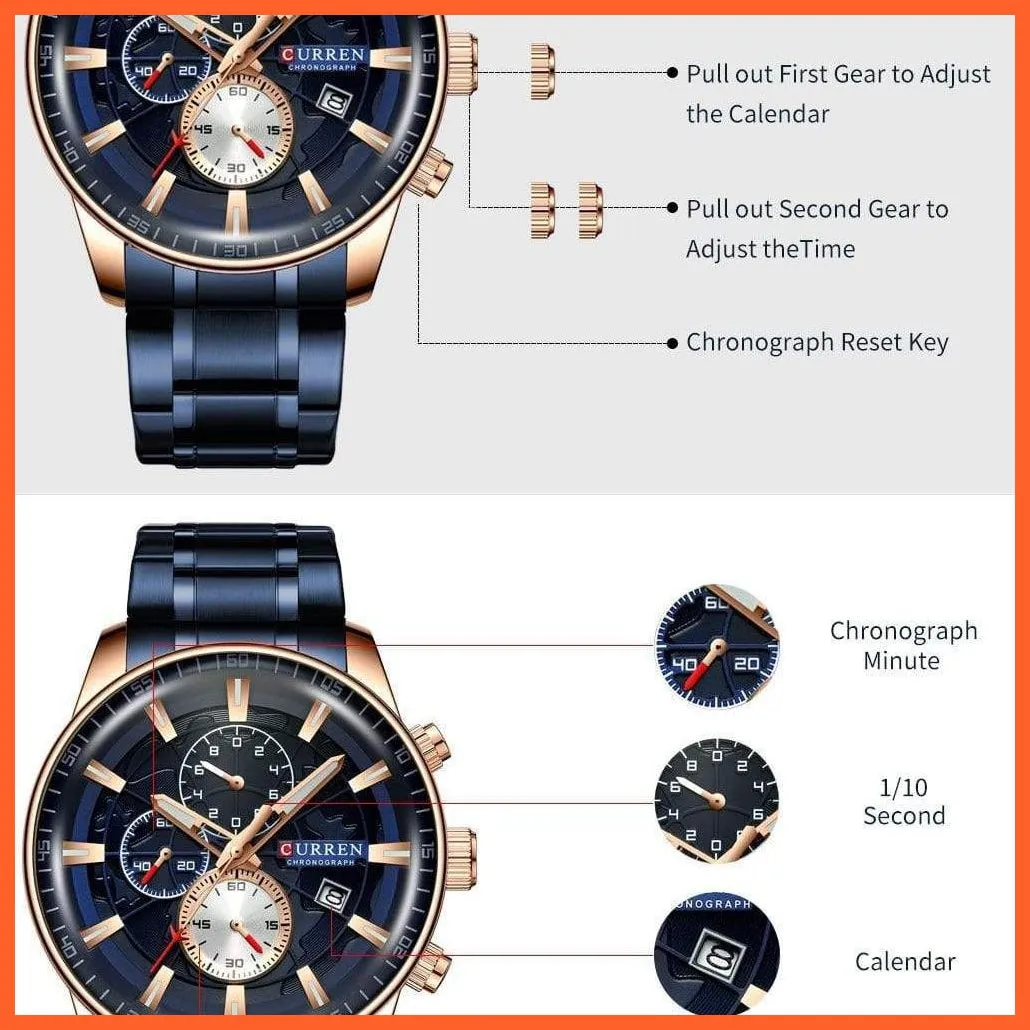 Mens Stainless Steel Top Brand Luxury Watches Casual Chronograph Quartz Wristwatch For Male