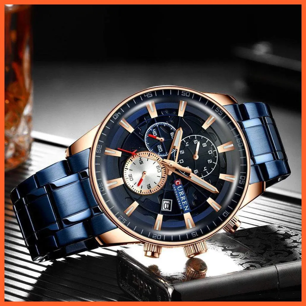 Mens Stainless Steel Top Brand Luxury Watches Casual Chronograph Quartz Wristwatch For Male