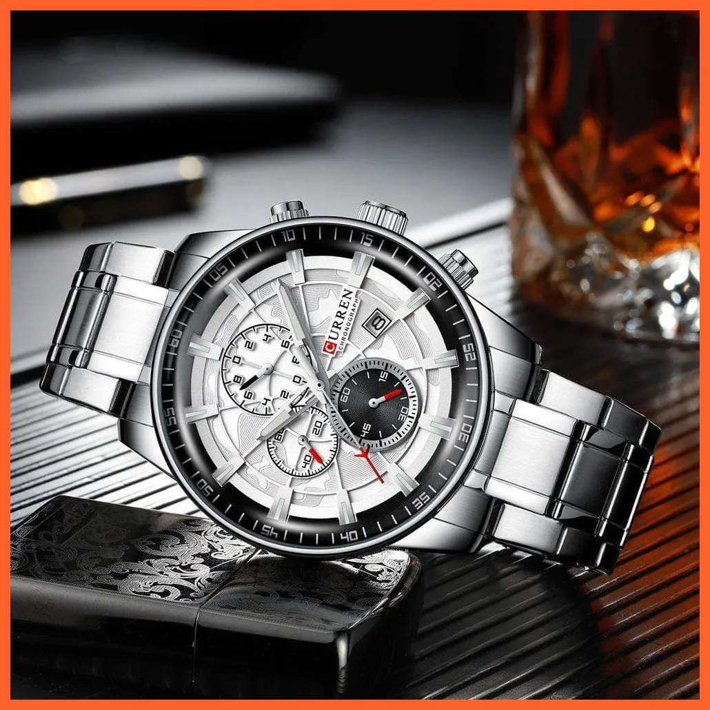 Mens Stainless Steel Top Brand Luxury Watches Casual Chronograph Quartz Wristwatch For Male