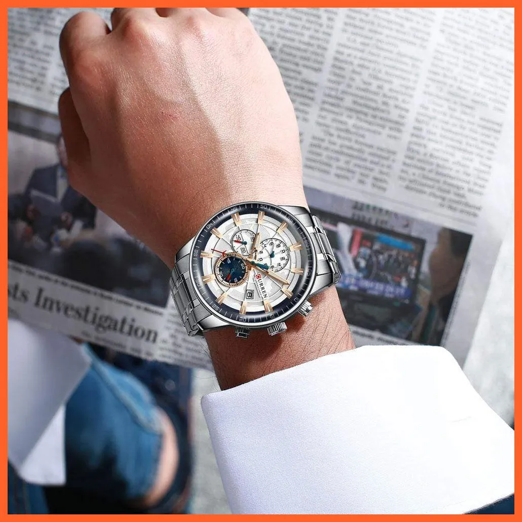 Mens Stainless Steel Top Brand Luxury Watches Casual Chronograph Quartz Wristwatch For Male