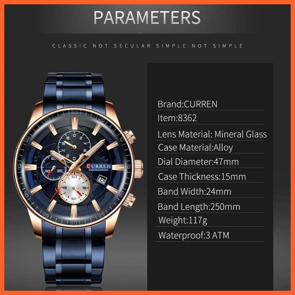 Mens Stainless Steel Top Brand Luxury Watches Casual Chronograph Quartz Wristwatch For Male