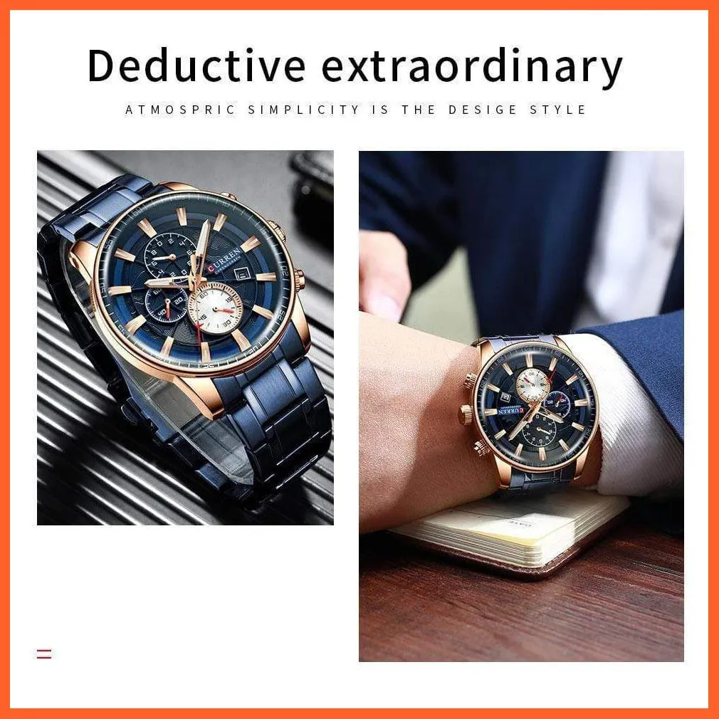 Mens Stainless Steel Top Brand Luxury Watches Casual Chronograph Quartz Wristwatch For Male