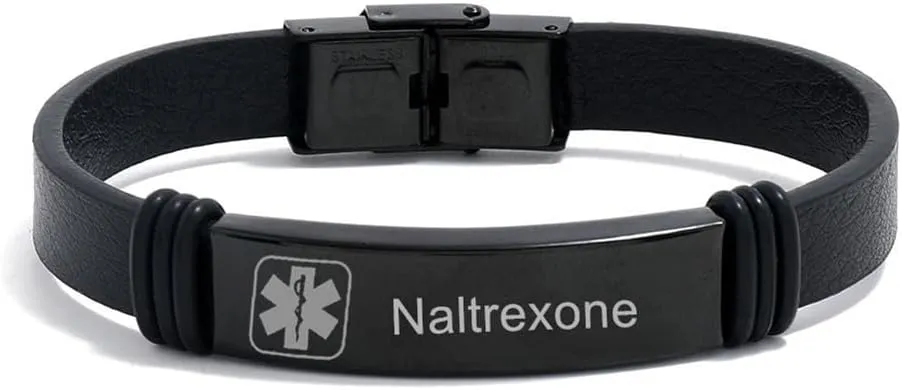 Naltrexone Black Medical Leather Bracelet for Men,Medical Alert Emergency Wristbands Awareness Allergy Alert ID Cuff Bracelets Caduceus Jewelry Monitoring Systems for Him