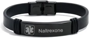 Naltrexone Black Medical Leather Bracelet for Men,Medical Alert Emergency Wristbands Awareness Allergy Alert ID Cuff Bracelets Caduceus Jewelry Monitoring Systems for Him