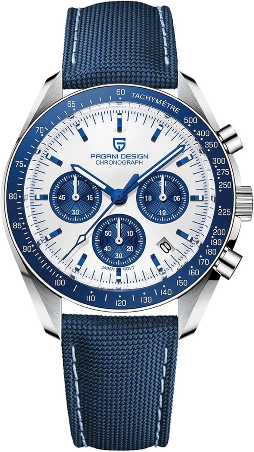 Pagani Design 1701 Men's Watch White Dial Men's Quartz Chronograph Japan VK63 Movement Stainless Steel Bracelet 100M Water Resistant Sport Watch.
