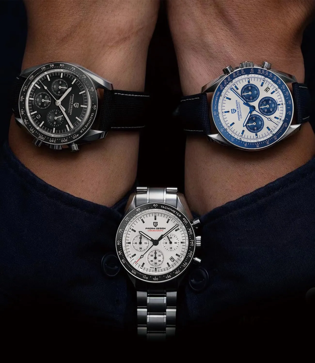 Pagani Design 1701 Men's Watch White Dial Men's Quartz Chronograph Japan VK63 Movement Stainless Steel Bracelet 100M Water Resistant Sport Watch.