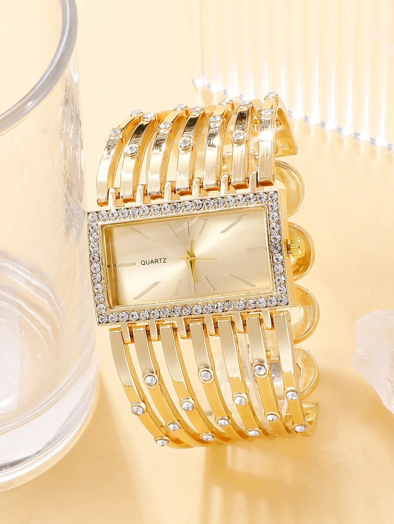 Rhinestone Decor Square Pointer Quartz Watch