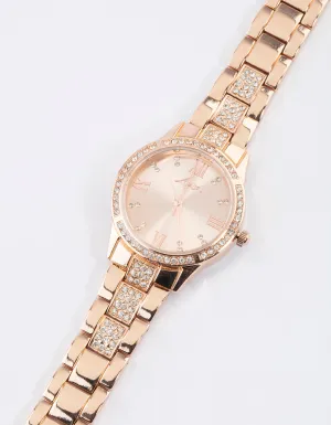 Rose Gold Coloured Diamante Detailed Link Watch
