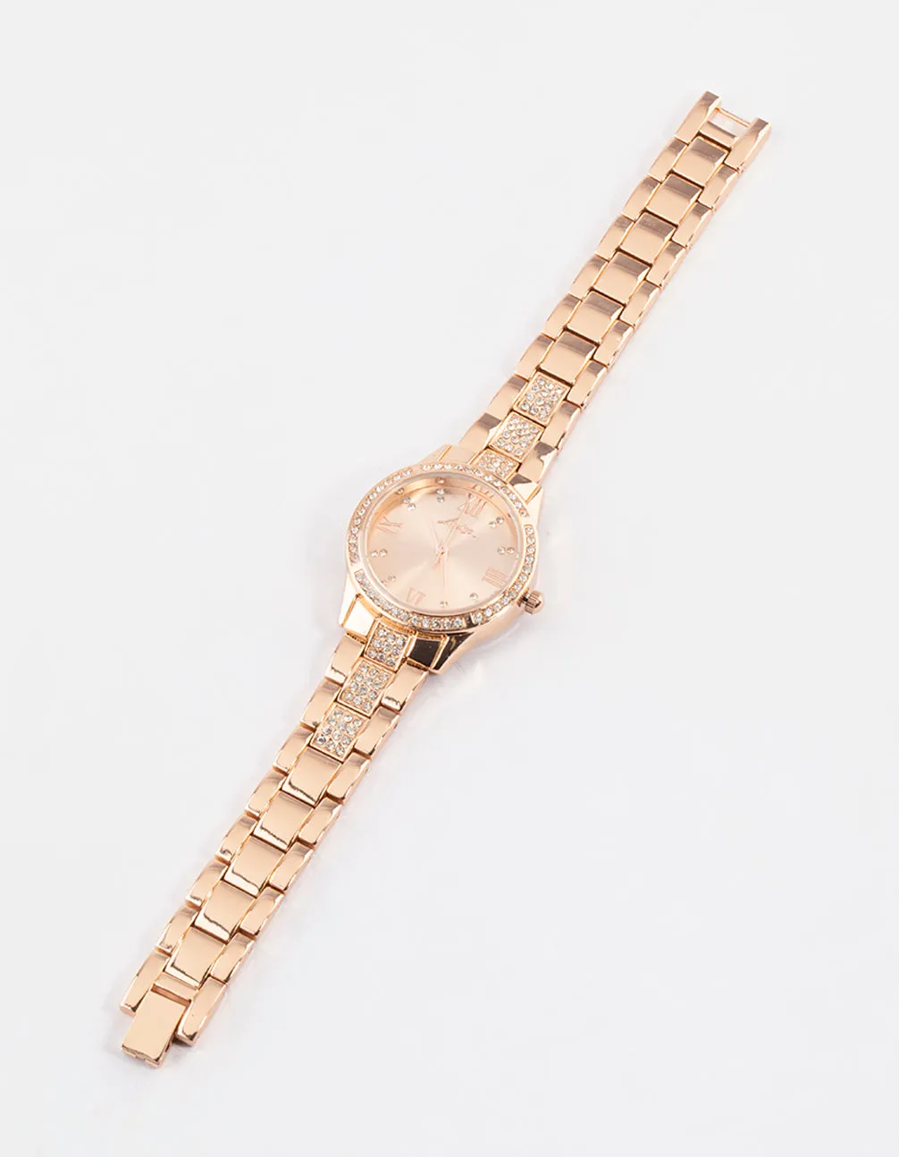 Rose Gold Coloured Diamante Detailed Link Watch