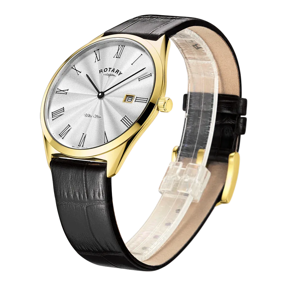 Rotary Gold Gents Ultra Slim Black Leather Strap Watch