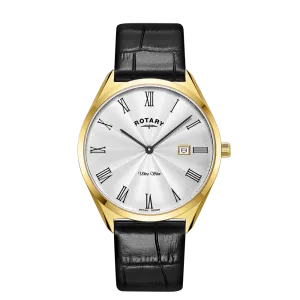 Rotary Gold Gents Ultra Slim Black Leather Strap Watch