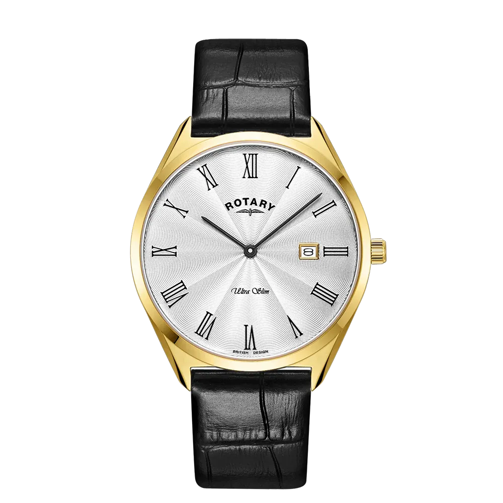 Rotary Gold Gents Ultra Slim Black Leather Strap Watch