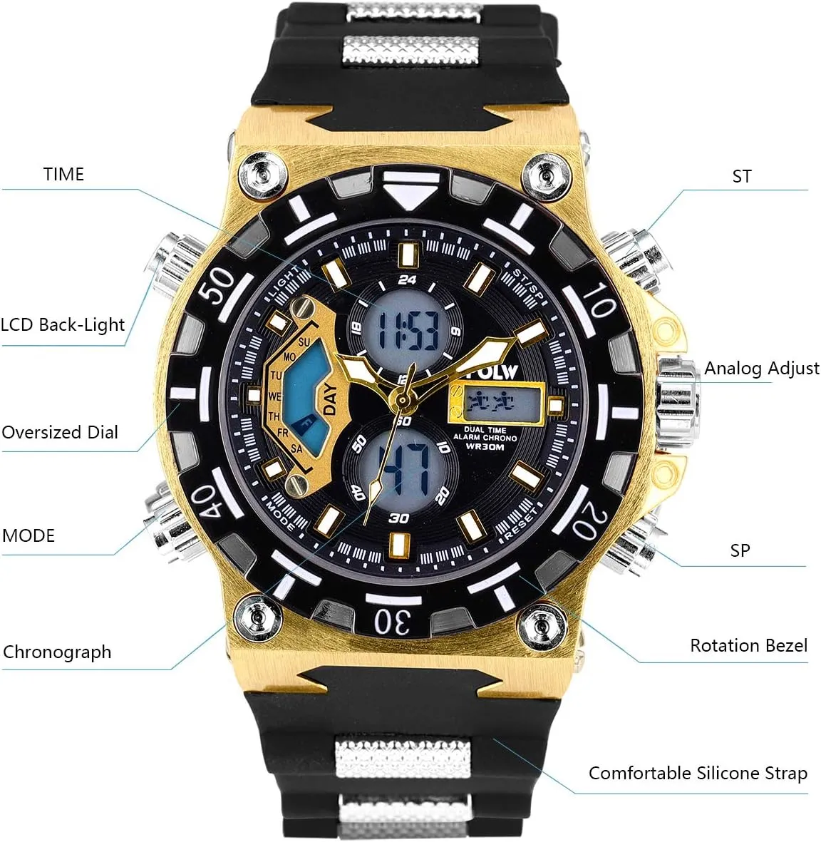 SIBOSUN Mens Sports Watches, Multifunctional Military Watch, Stopwatch Waterproof Big Face LED Digital Wrist Watch