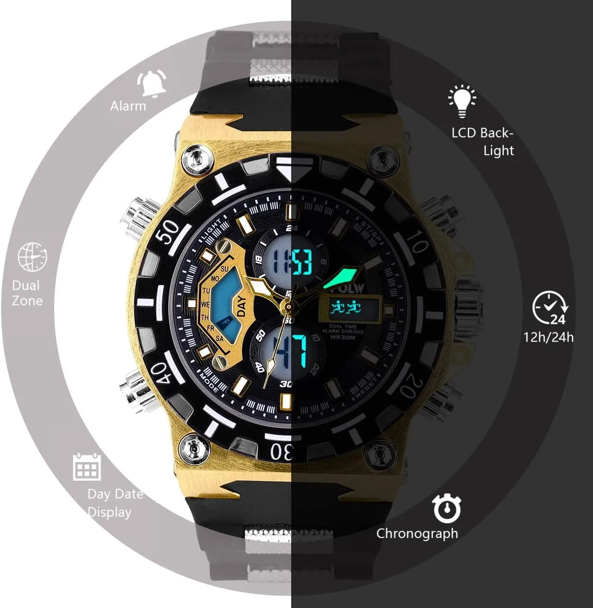 SIBOSUN Mens Sports Watches, Multifunctional Military Watch, Stopwatch Waterproof Big Face LED Digital Wrist Watch