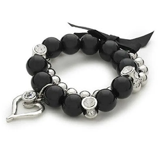 Silver Diamante 'Dancing In the Moonlight' Stretch Heart Charm and Bead Bracelet