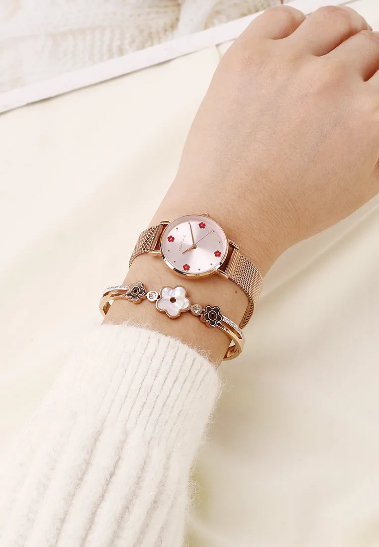 Susy Rose Gold Mesh Watch with Bangle Set  (Salmon)